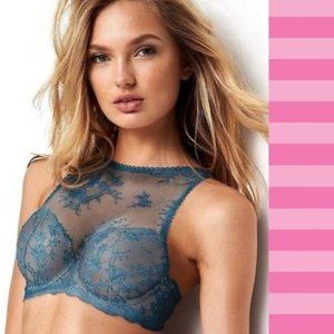 NWT Victoria's Secret High Neck Lace Mesh Blue Bra